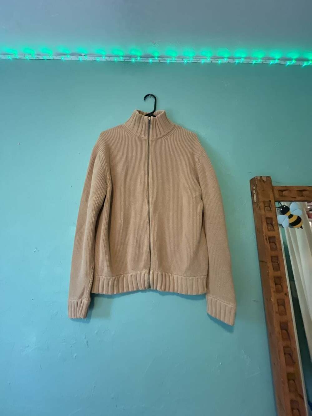 Banana Republic Men's Full Zip Ribbed Knit Mock Neck Sweater Beige
